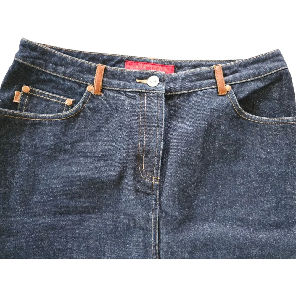 FCUK Jeans Denim Skirt Women's Size 8 Brown Leather Star Pockets Blue Pencil NEW - Picture 3 of 8